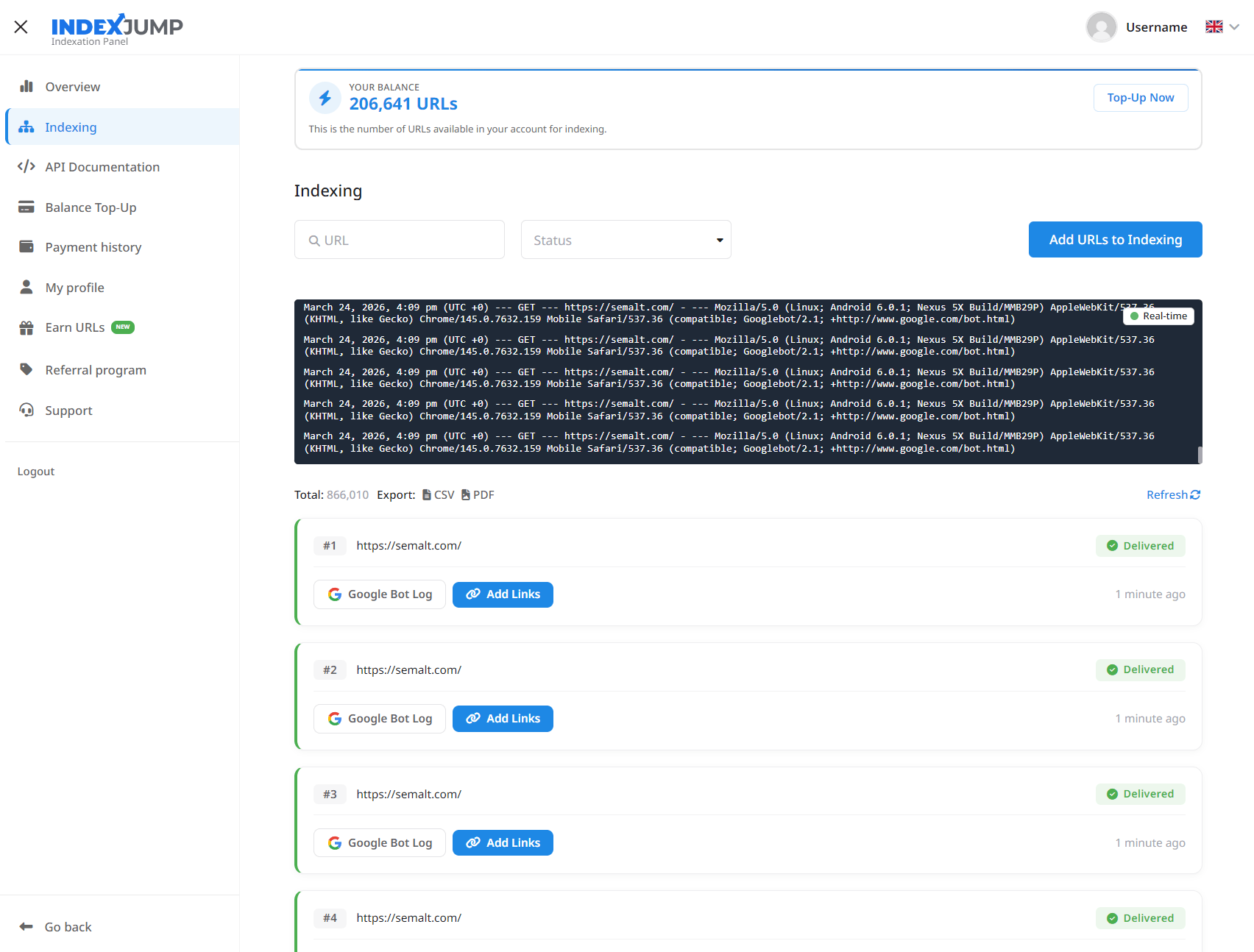 IndexJump indexing dashboard